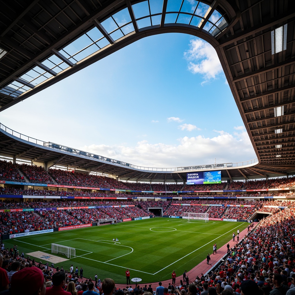 Prompt: Vibrant stadium atmosphere, bold team colors, energetic crowds, dynamic lighting, sporty typography, concrete flooring, steel beams, retractable roofs, lush green turf, athletic tracks, scoreboard displays, floodlighting, warm sunny days, dramatic shadows, high-contrast imagery, 2/3 composition, cinematic framing, realistic textures, ambient occlusion.