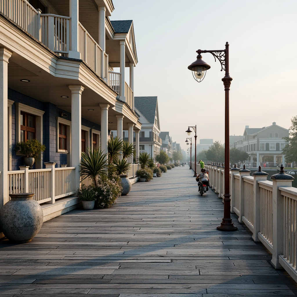 Prompt: Weathered wooden docks, driftwood accents, nautical rope details, distressed finishes, soft blue-grey hues, creamy whites, warm beige tones, rusty red metalwork, vintage lanterns, ornate brass fixtures, classic columnar architecture, symmetrical facades, triangular pediments, decorative cornices, seaside-inspired ornaments, misty morning atmosphere, warm golden lighting, shallow depth of field, 2/3 composition, realistic textures, ambient occlusion.