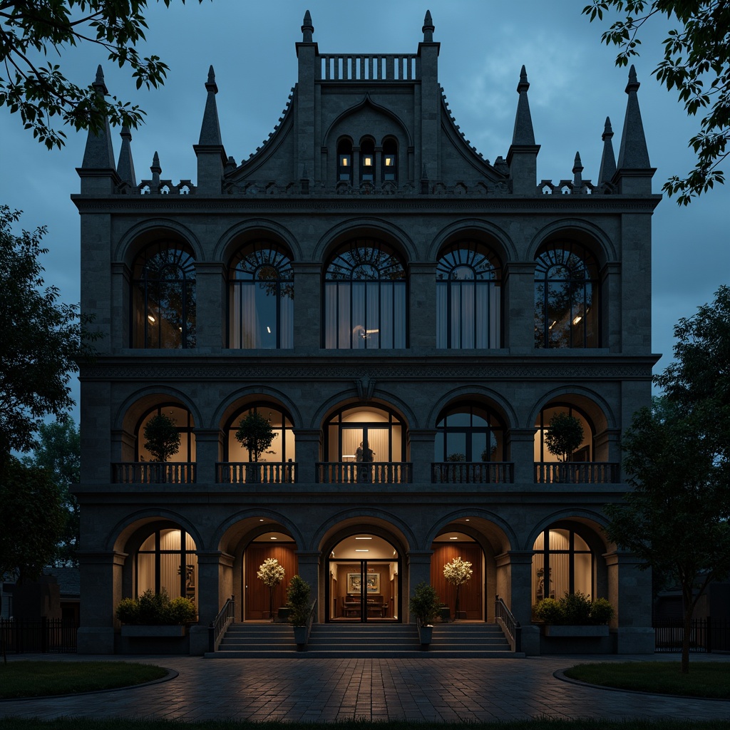 Prompt: Dark mysterious office building, Gothic style facade, pointed arches, ribbed vaults, flying buttresses, intricate stone carvings, grand entrance, heavy wooden doors, ornate metalwork, stained glass windows, dramatic verticality, somber color palette, gloomy atmosphere, overcast sky, low-key lighting, cinematic composition, high contrast ratio, detailed textures, ambient occlusion.