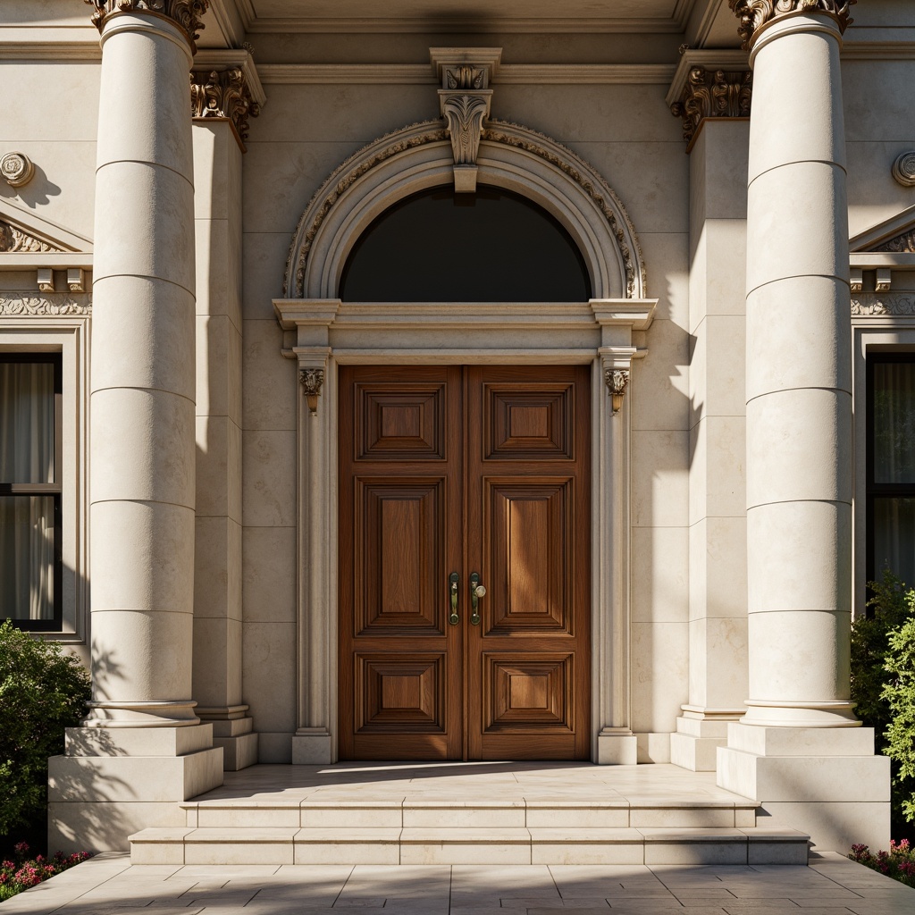 Prompt: Elegant neoclassical facade, smooth limestone walls, ornate marble columns, intricately carved wooden doors, polished bronze hardware, subtle stucco finishes, rusticated base, grandiose scale, symmetrical composition, classical orders, ionic capitals, carved stone decorations, soft warm lighting, shallow depth of field, 3/4 composition, realistic textures, ambient occlusion.