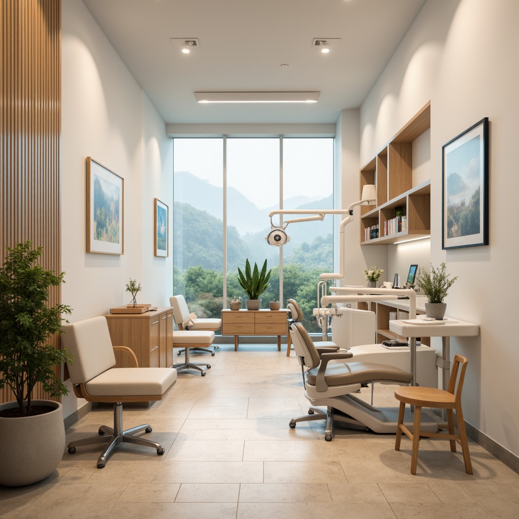 Prompt: Calming dental clinic interior, soothing pastel colors, gentle whites, creams, blues, and greens, natural wood accents, comfortable waiting areas, cozy patient rooms, modern medical equipment, sleek metal chairs, soft ambient lighting, warm beige floors, calming artwork, serene atmosphere, shallow depth of field, 3/4 composition, realistic textures, subtle shading.