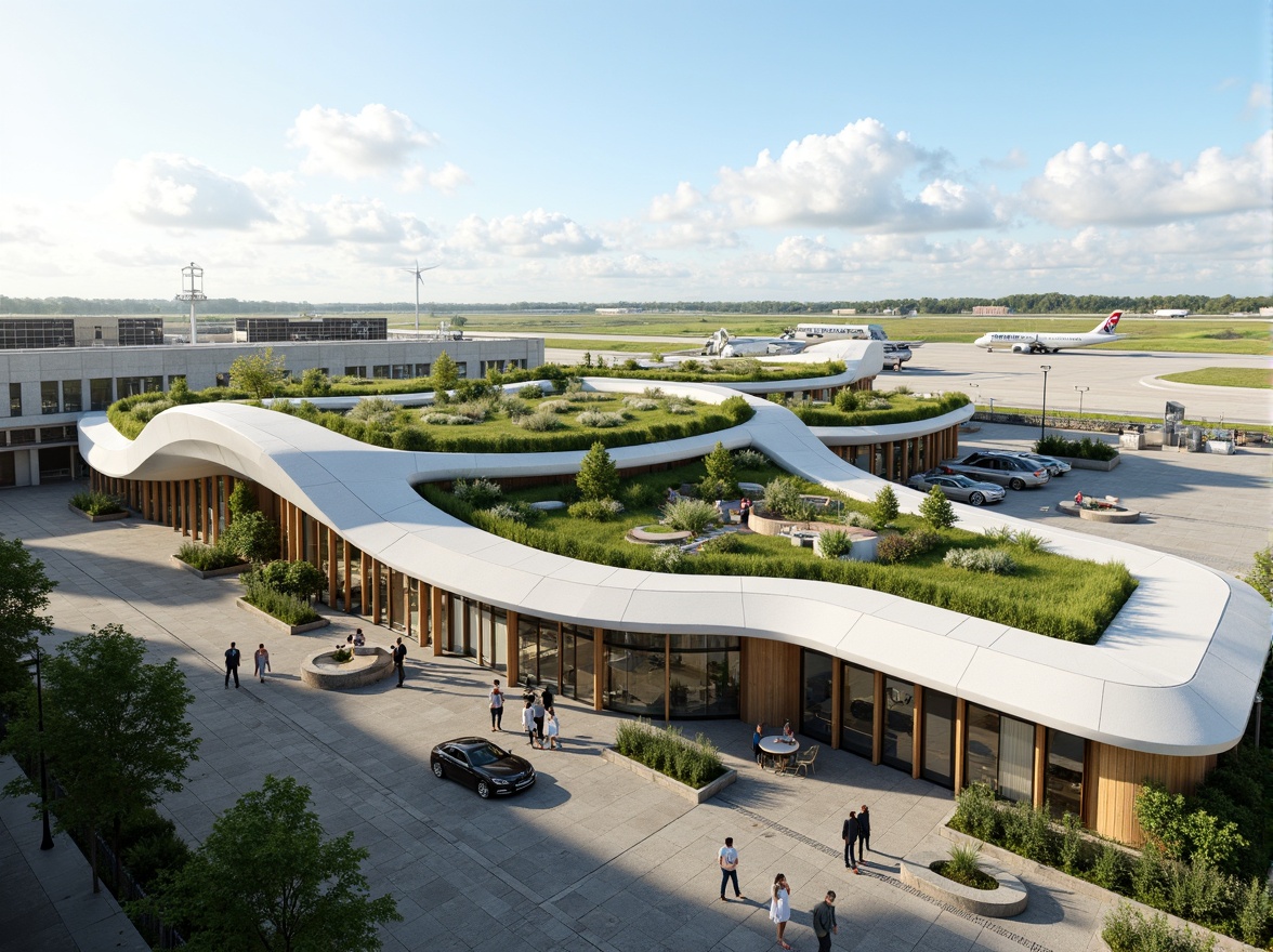 Prompt: Sustainable airport terminal, green roof, solar panels, wind turbines, rainwater harvesting systems, recycled concrete, low-carbon emissions, natural ventilation, large windows, translucent canopies, minimal steel structures, bamboo flooring, reclaimed wood accents, living walls, urban gardens, aerodynamic design, curved lines, futuristic architecture, bright airy atmosphere, soft natural lighting, shallow depth of field, 2/3 composition, realistic textures, ambient occlusion.