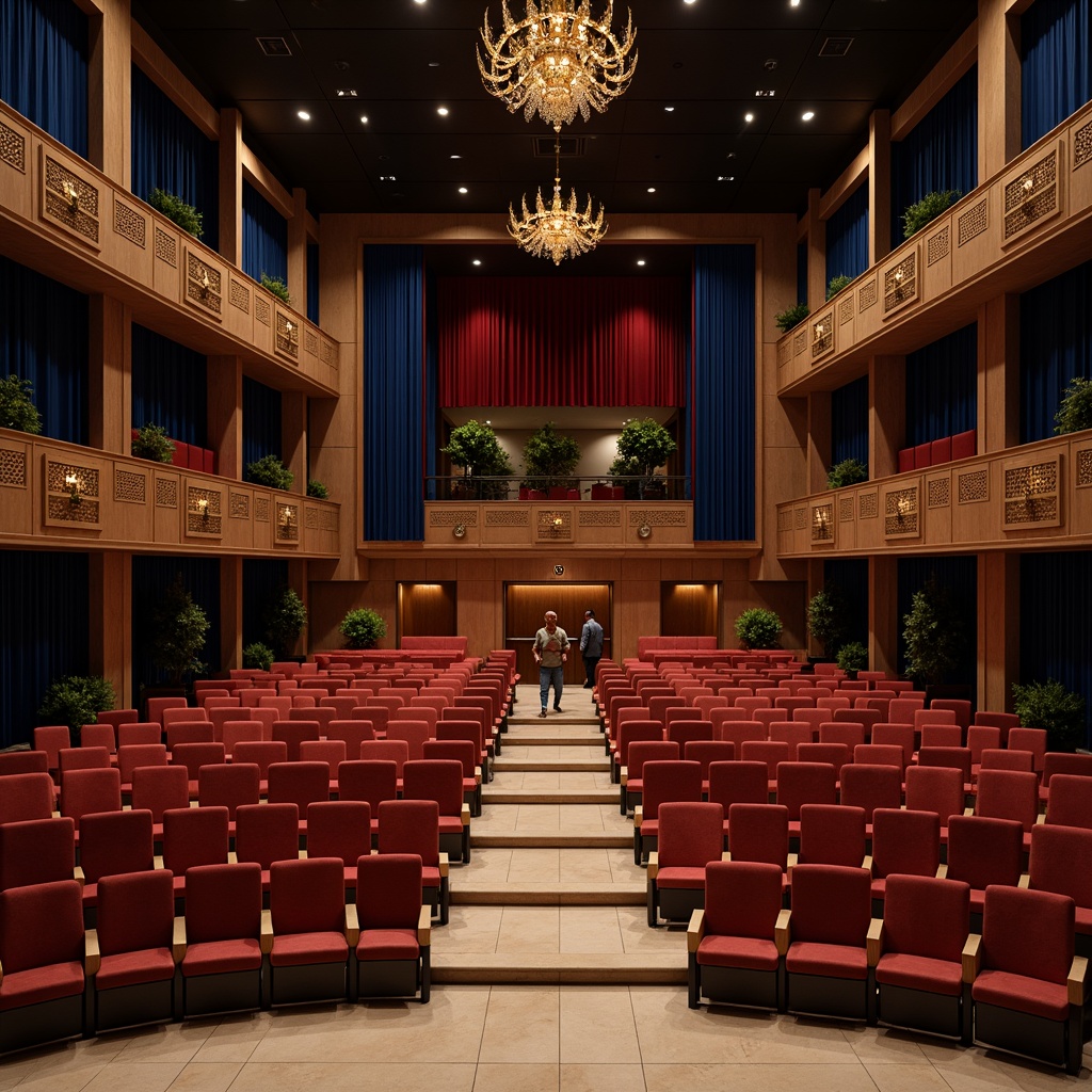 Prompt: Luxurious auditorium, velvet curtains, rich wood accents, plush seating, golden lighting fixtures, deep blue walls, subtle gradient effects, ornate details, sophisticated atmosphere, warm beige floors, soft box seats, elegant chandeliers, dramatic spotlights, cinematic experience, 1/1 composition, low-key lighting, realistic textures, ambient occlusion.