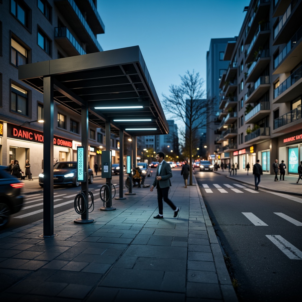 Prompt: Modern charging station, sleek metallic fa\u00e7ade, angular lines, minimalist design, futuristic aesthetic, LED lighting strips, neon accents, urban cityscape, bustling streets, nighttime atmosphere, soft ambient glow, shallow depth of field, 3/4 composition, panoramic view, realistic textures, ambient occlusion.