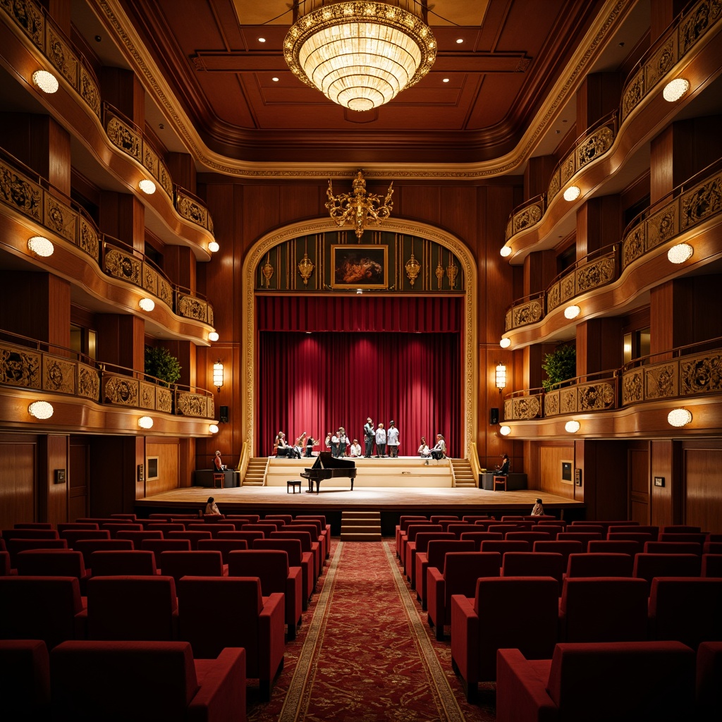 Prompt: Intimate theater setting, rich wood paneling, velvet curtains, plush seating, sound-absorbing materials, acoustic diffusers, state-of-the-art sound systems, adjustable lighting rigs, grand pianos, orchestral stages, curved balconies, ornate chandeliers, warm golden colors, soft spotlighting, 1/2 composition, shallow depth of field, realistic textures, ambient occlusion.