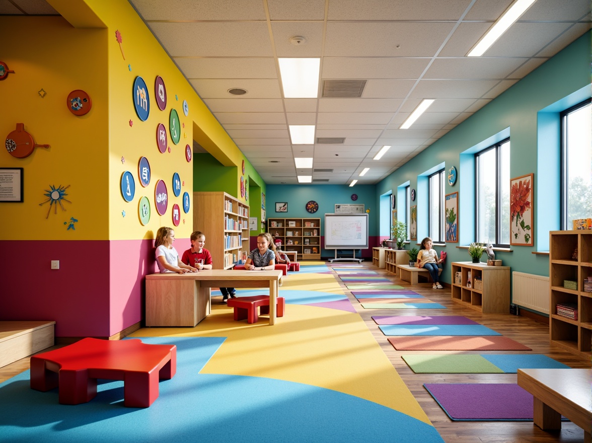 Prompt: Vibrant elementary school, playful kindergarten, bright corridors, bold color blocking, energetic murals, whimsical wall decals, fun patterned rugs, sturdy wooden furniture, colorful lockers, interactive whiteboards, modern LED lighting, soft natural light, 1/2 composition, shallow depth of field, realistic textures, ambient occlusion.