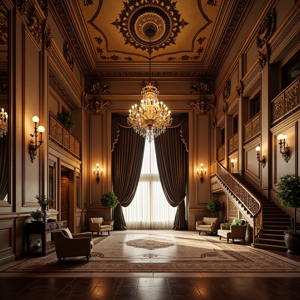 Prompt: Ornate ballroom, grand chandelier, intricately carved wooden paneling, gilded mirrors, luxurious velvet drapes, ornamental plasterwork, richly patterned marble floors, dramatic curved staircases, opulent furnishings, lavish textiles, golden accents, soft warm lighting, cinematic composition, highly detailed textures, ambient occlusion.