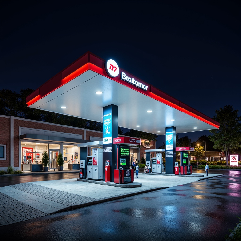 Prompt: \Modern gas station, sleek fuel pumps, bold color schemes, LED price displays, eye-catching advertisements, wayfinding signage, directional arrows, large format prints, 3D logo designs, stainless steel accents, floodlit canopies, night-time illumination, shallow depth of field, panoramic view, realistic textures, ambient occlusion.\Let me know if you need any adjustments!