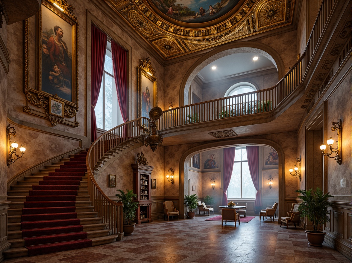 Prompt: Ornate palace, golden ornaments, intricate stone carvings, lavish frescoes, grandiose staircases, rich velvet drapes, ornamental mirrors, gilded frames, textured marble floors, rustic brick walls, dramatic archways, sweeping curves, lavish chandeliers, warm soft lighting, atmospheric mist, 3/4 composition, low-angle shot, realistic reflections, detailed normal maps.