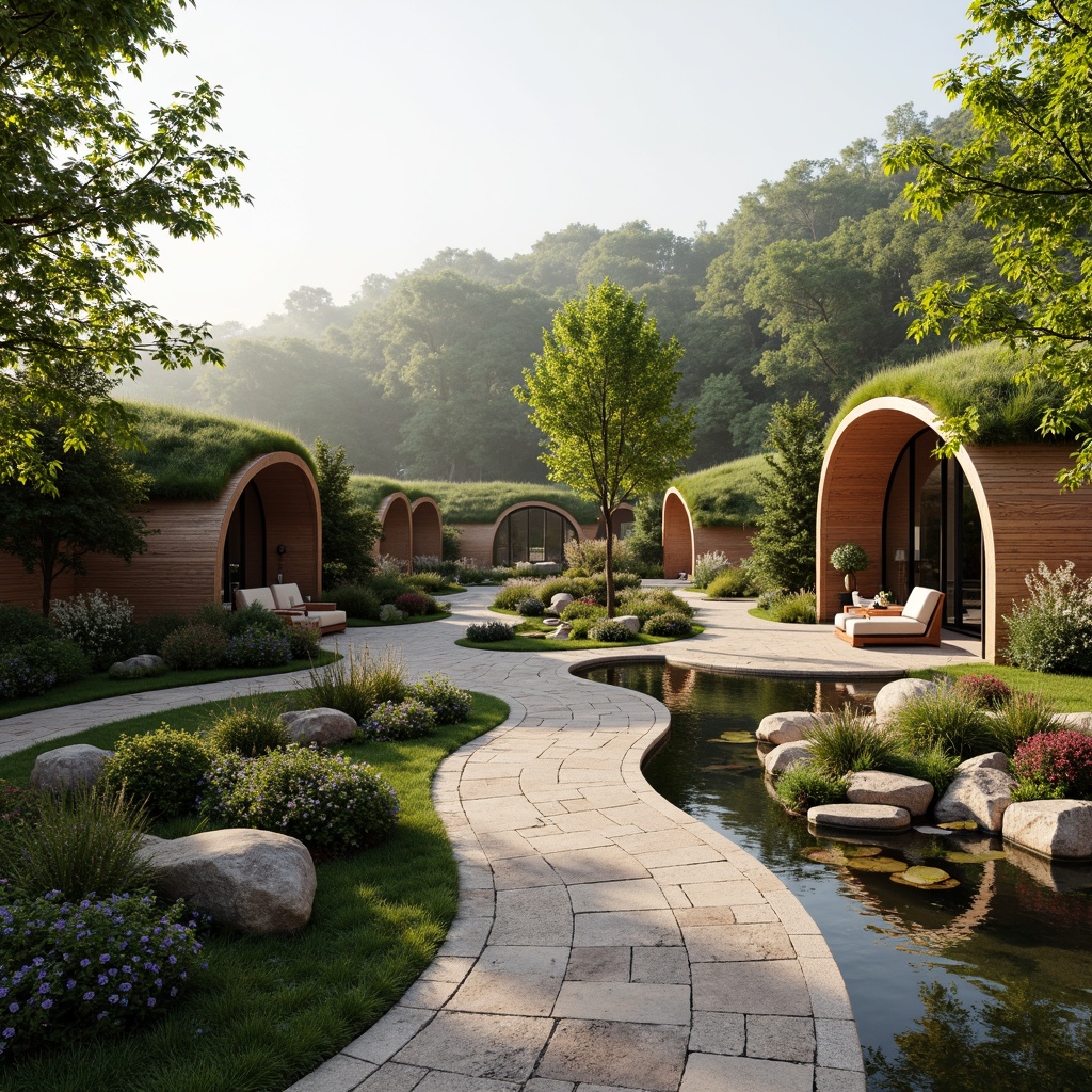 Prompt: Curved organic buildings, lush green roofs, natural stone walls, wooden accents, earthy color palette, meandering walkways, serene water features, koi ponds, lush vegetation, blooming flowers, native plants, rustic benches, natural lighting, soft warm ambiance, shallow depth of field, 3/4 composition, panoramic view, realistic textures, ambient occlusion, misty morning atmosphere.