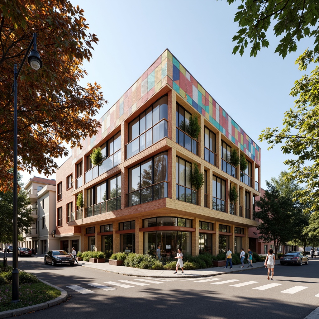 Prompt: Vibrant community center, structuralist facade, bold geometric patterns, colorful ceramic tiles, intricate brickwork, modernist architecture, angular lines, minimalist design, large windows, glass doors, shaded outdoor spaces, urban landscape, bustling streets, morning sunlight, soft warm lighting, shallow depth of field, 3/4 composition, realistic textures, ambient occlusion.