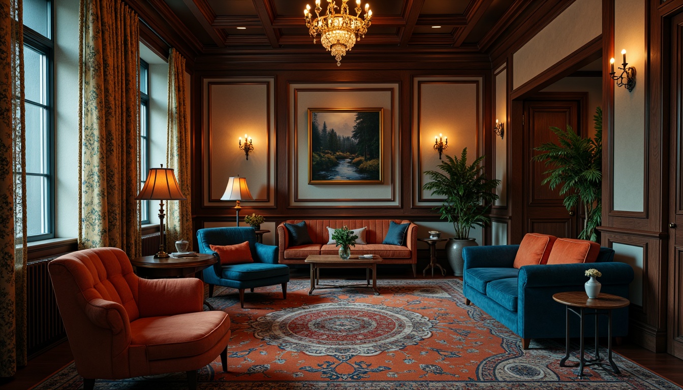 Prompt: Rich Prussian blue accents, warm golden lighting, soft cream-colored walls, ornate wooden furniture, luxurious velvet fabrics, subtle copper hints, vibrant orange pops, bold black outlines, intricate patterns, dramatic shadows, low-key ambiance, intimate atmosphere, mysterious tone, cinematic composition, high-contrast ratio, deep color palette.