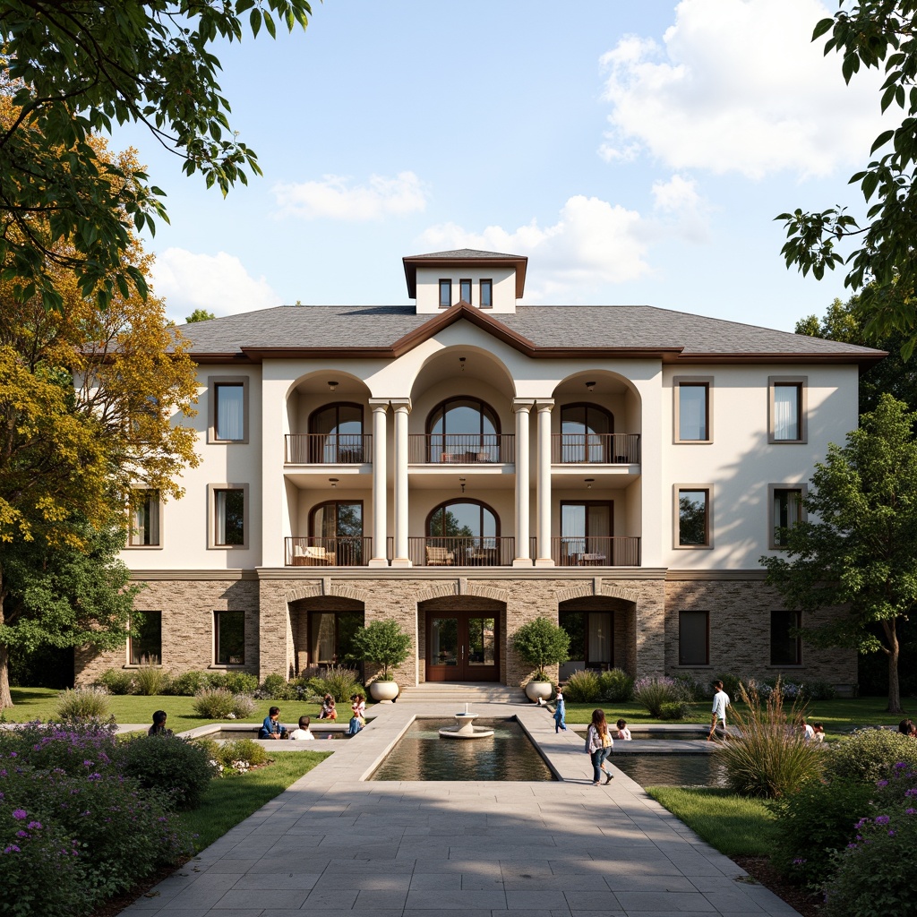 Prompt: Majestic youth center facade, grandiose columns, ornate balustrades, symmetrical arches, elegant pilasters, rustic stone walls, creamy white stucco, slate grey roofing, verdant greenery, blooming flowers, tranquil courtyard, serene water features, soft warm lighting, shallow depth of field, 3/4 composition, panoramic view, realistic textures, ambient occlusion.