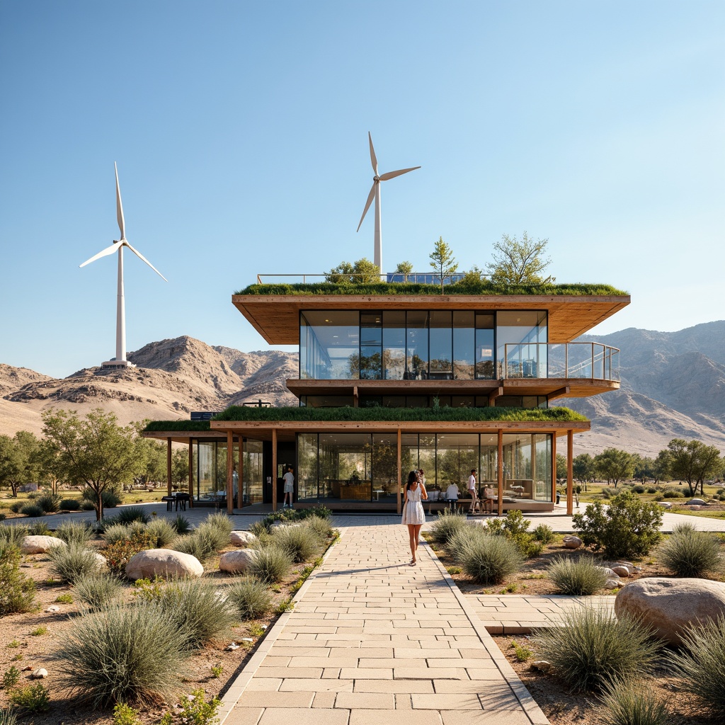 Prompt: Eco-friendly Watchtower, lush green roofs, solar panels, wind turbines, recycled materials, minimalist design, angular lines, modern futuristic architecture, sleek metal structures, reflective glass surfaces, vast open space, desert landscape, sandy dunes, cactus plants, hot sunny day, clear blue sky, panoramic view, shallow depth of field, 3/4 composition, realistic textures, ambient occlusion, natural stone walkways, educational signs, eco-tourism infrastructure, bird-watching facilities, environmental monitoring systems, sustainable energy solutions, water conservation systems.