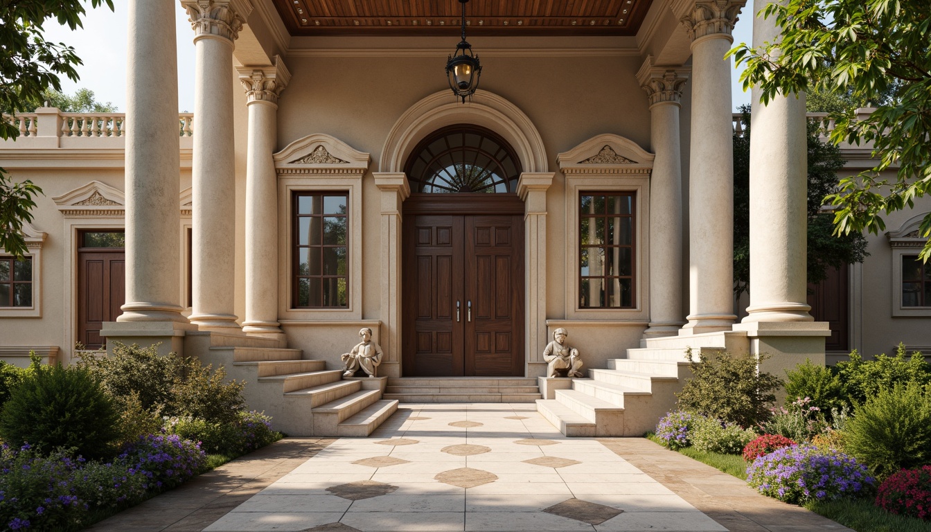 Prompt: Grand museum facade, neoclassical columns, ornate carvings, symmetrical composition, grand entrance, stone sculptures, elegant arches, rusticated base, marble flooring, high ceilings, natural light, soft warm illumination, subtle shadows, 1/1 composition, realistic textures, ambient occlusion, vibrant greenery, blooming flowers, tranquil atmosphere.