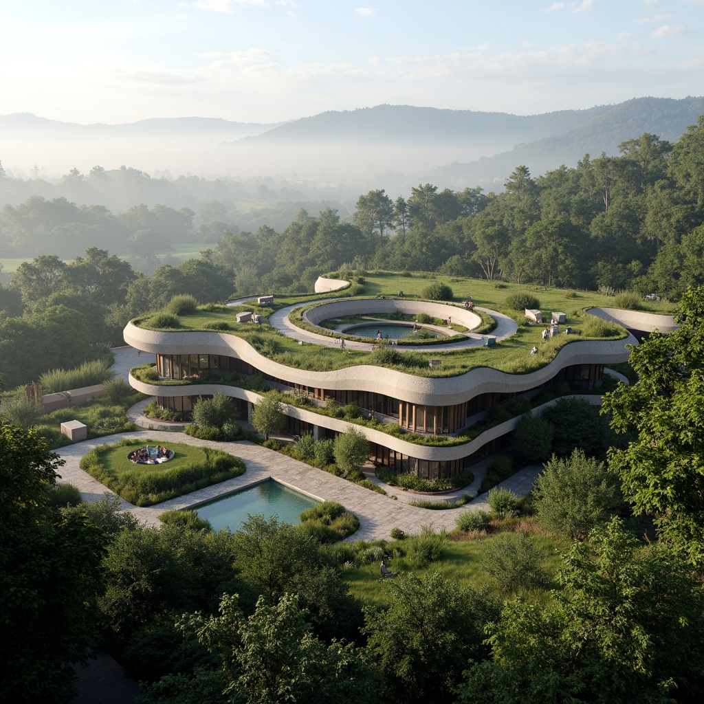 Prompt: Sustainable laboratory building, organic curves, natural stone fa\u00e7ade, green roofs, living walls, lush vegetation, eco-friendly materials, minimal carbon footprint, seamless site integration, surrounding forest landscape, misty morning atmosphere, soft diffused lighting, shallow depth of field, 1/1 composition, realistic textures, ambient occlusion.