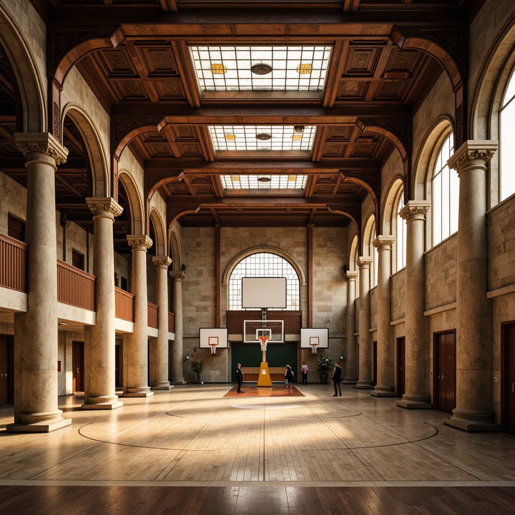 Prompt: Grand gymnasium, Renaissance-style columns, ornate capitals, arches, vaulted ceiling, classic cornices, intricate moldings, marble flooring, wooden basketball court, athletic equipment, basketball hoops, scoreboards, natural stone walls, large windows, stained glass skylights, warm golden lighting, shallow depth of field, 3/4 composition, symmetrical view, realistic textures, ambient occlusion.