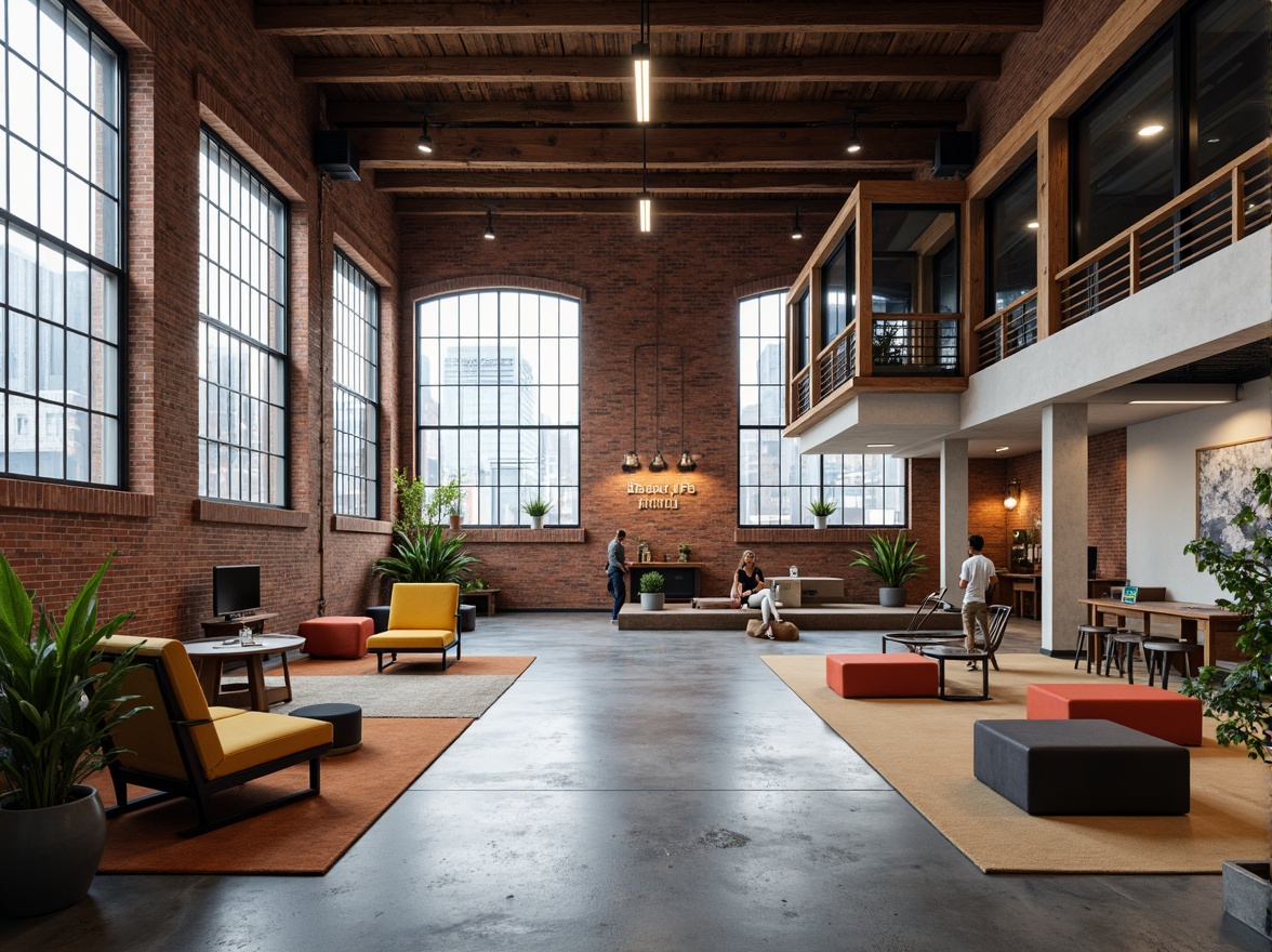 Prompt: Industrial-era factory building, exposed brick walls, steel beams, polished concrete floors, functional minimalist aesthetic, geometric shapes, primary color accents, natural light pouring through large windows, industrial-style lighting fixtures, raw unfinished materials, Bauhaus-inspired typography, modernist architectural elements, bold graphic patterns, utilitarian furniture designs, urban cityscape backdrop, overcast day with soft diffused light, shallow depth of field, 2/3 composition, realistic textures, ambient occlusion.