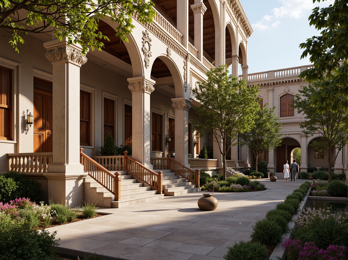 Prompt: Grand Renaissance bank building, ornate stone fa\u00e7ade, symmetrical columns, intricate carvings, majestic entrance, sweeping staircases, luxurious chandeliers, rich wood paneling, elegant marble floors, vibrant greenery, blooming flowers, serene courtyard, natural stone pathways, tranquil water features, soft warm lighting, shallow depth of field, 3/4 composition, panoramic view, realistic textures, ambient occlusion.