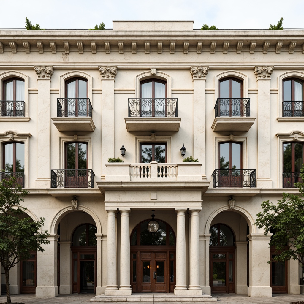 Prompt: Grandiose building facade, symmetrical composition, ornate decorations, Corinthian columns, rusticated base, arched windows, balconies with intricate metalwork, cream-colored stone walls, subtle color palette, soft natural lighting, shallow depth of field, 2/3 composition, classic proportions, harmonious balance, subtle texture variations, ambient occlusion.