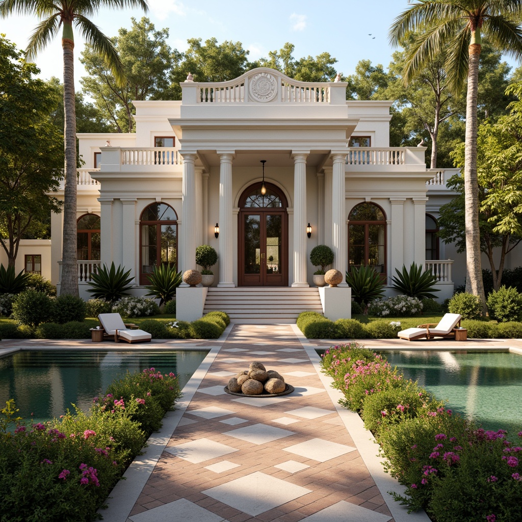 Prompt: Elegant neoclassical mansion, symmetrical fa\u00e7ade, ornate columns, grand entrance, sweeping staircases, intricately patterned floors, refined furnishings, lush greenery, manicured lawns, serene water features, majestic trees, vibrant blooming flowers, warm sunny day, soft golden lighting, subtle shadows, 1/1 composition, realistic textures, ambient occlusion.