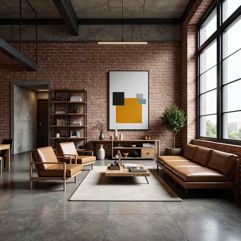 Prompt: Minimalist living room, industrial chic decor, exposed brick walls, polished concrete floors, functional furniture, geometric shapes, primary color accents, metal frames, minimalist lighting fixtures, open floor plan, functional shelving units, leather sofas, wooden coffee tables, abstract artwork, natural textiles, urban loft atmosphere, high ceilings, large windows, abundant natural light, softbox lighting, 1/1 composition, realistic materials, subtle ambient occlusion.