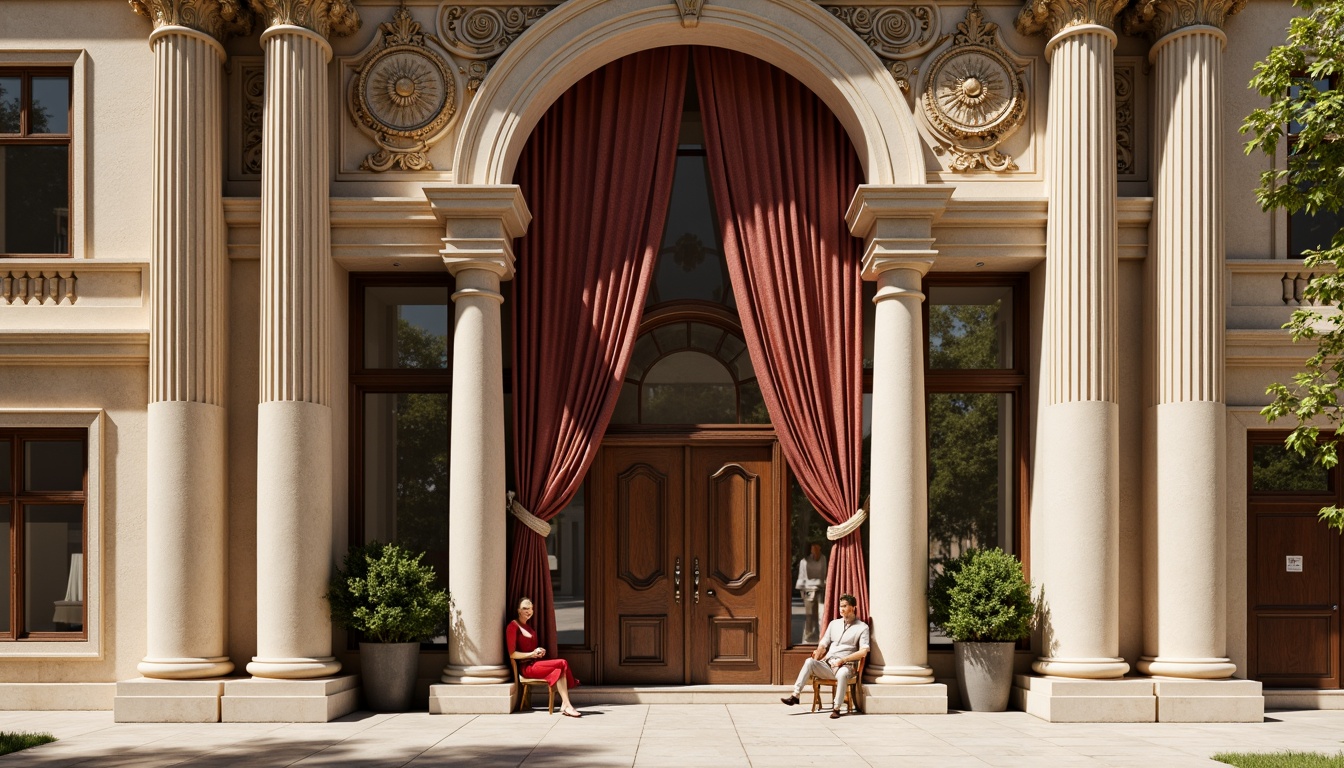 Prompt: Elegant neoclassical facade, ornate stone carvings, polished marble columns, intricate moldings, gilded details, luxurious velvet drapes, rich wood paneling, ornamental metalwork, subtle wear and tear, soft natural lighting, warm beige tones, 1/1 composition, shallow depth of field, realistic reflections, ambient occlusion.