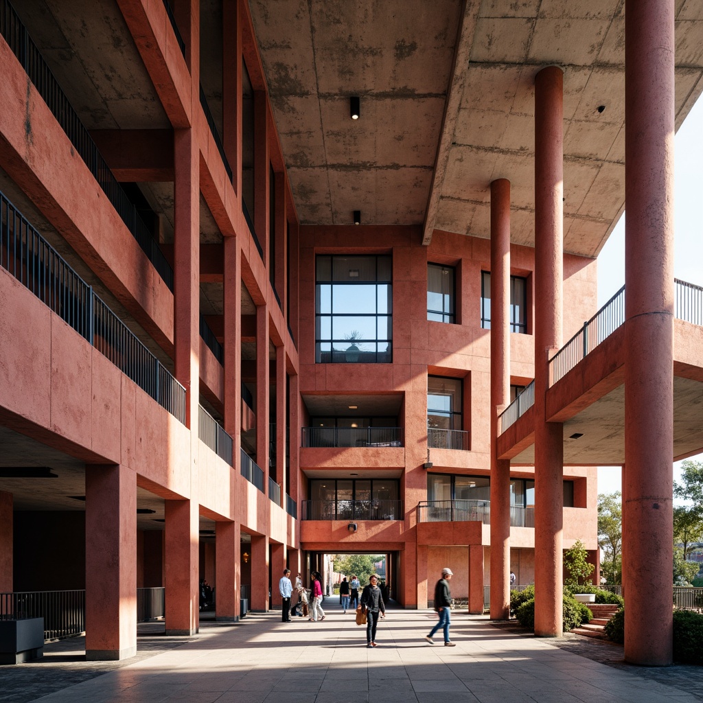 Prompt: Monolithic university building, brutalist architecture, coral-hued concrete walls, rugged textures, geometric patterns, angular lines, imposing pillars, industrial metal beams, minimalist decor, functional spaces, bold color accents, vibrant coral tones, deep blue undertones, earthy brown shades, warm golden lighting, dramatic shadows, high-contrast composition, dynamic camera angles, gritty realistic render, ambient occlusion.