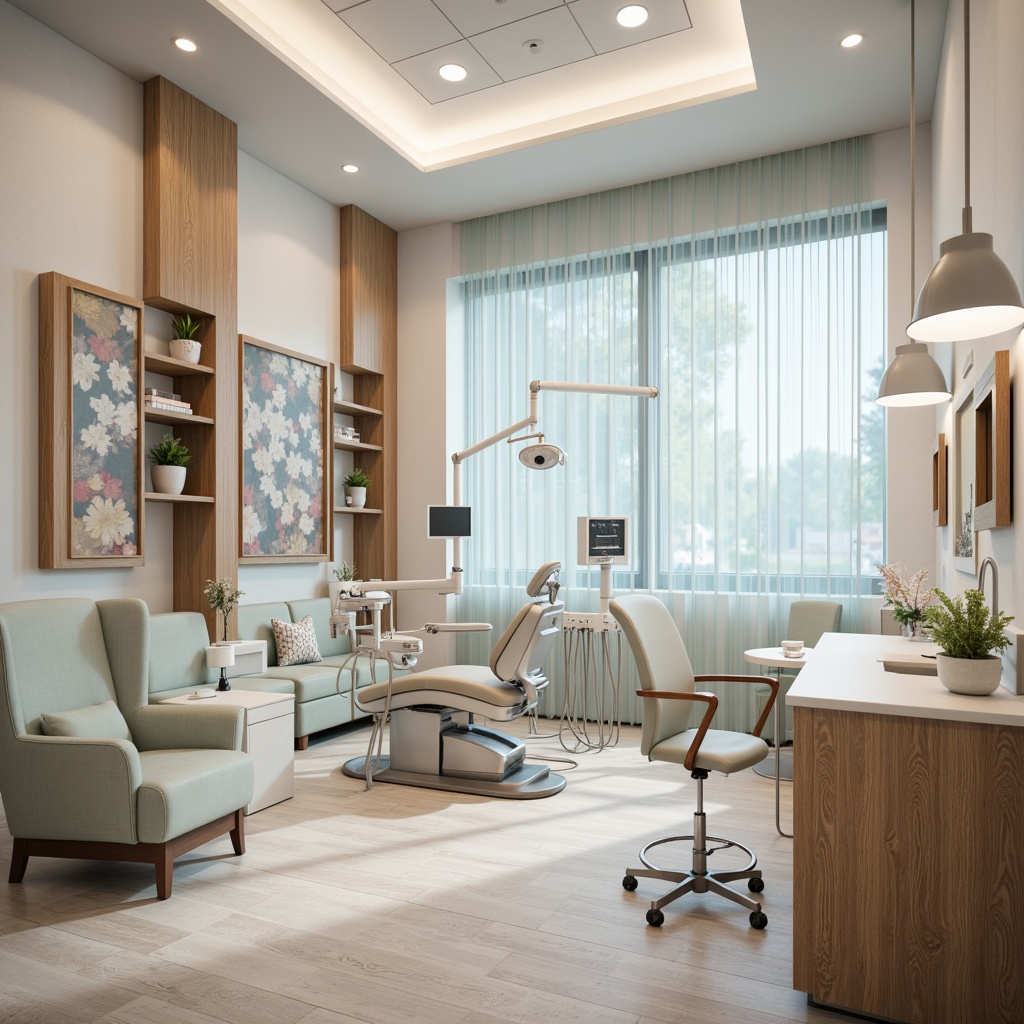 Prompt: Calming dental clinic, soft pastel colors, gentle whites, soothing blues, warm beiges, natural wood accents, comfortable waiting areas, modern dental equipment, stainless steel surfaces, subtle patterned flooring, calming ambient lighting, shallow depth of field, 1/2 composition, realistic textures, ambient occlusion.