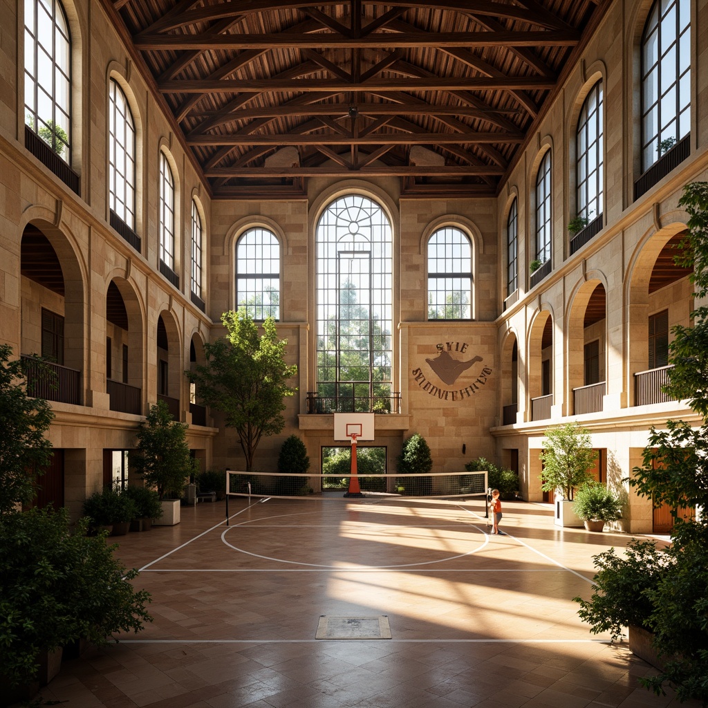 Prompt: Grand Renaissance-style gymnasium, high ceilings, large windows, ornate stone facades, classical columns, wooden flooring, athletic equipment, basketball hoops, volleyball nets, climbing walls, natural stone accents, earthy color palette, abundant greenery, lush plants, soft warm lighting, shallow depth of field, 1/2 composition, realistic textures, ambient occlusion, morning sunlight, gentle shadows, elegant archways, refined details.