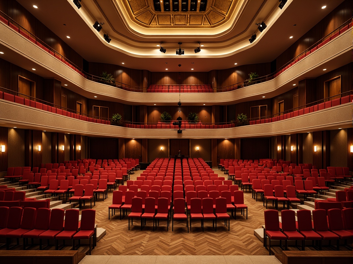 Prompt: Elegant concert house, curved balconies, plush red velvet seats, polished wooden floors, soundproofing materials, acoustic panels, diffusers, absorbers, resonators, optimal speaker placement, professional audio equipment, warm golden lighting, intimate atmosphere, shallow depth of field, 2/3 composition, soft focus, natural textures, realistic reflections.