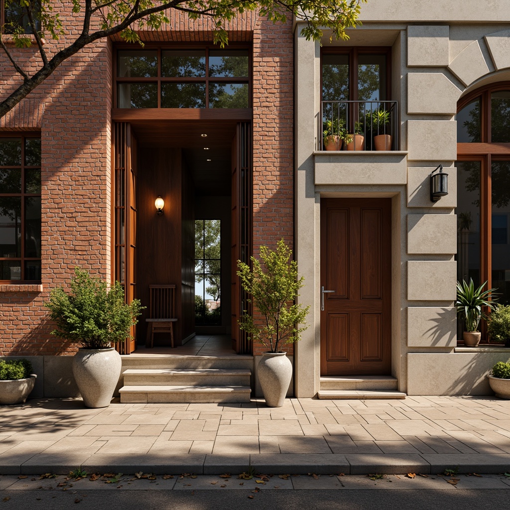 Prompt: Rustic brick facade, smooth concrete walls, rough stone columns, metallic accents, glossy glass windows, intricate wooden carvings, vibrant ceramic tiles, natural fiber textiles, earthy color palette, warm ambient lighting, shallow depth of field, 1/2 composition, realistic material renderings, atmospheric perspective.