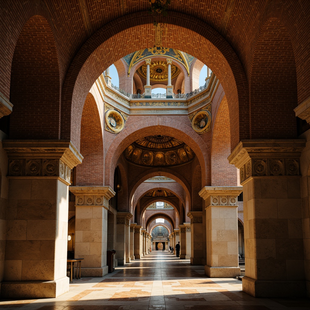 Prompt: Intricate stone carvings, ornate brickwork, grandiose arches, majestic domes, Byzantine-inspired patterns, richly textured stonework, warm golden lighting, soft focus, atmospheric perspective, 1/2 composition, rustic stone walls, ornamental columns, carved capitals, lavish mosaics, glittering gold accents, solemn ambiance, mystical atmosphere.