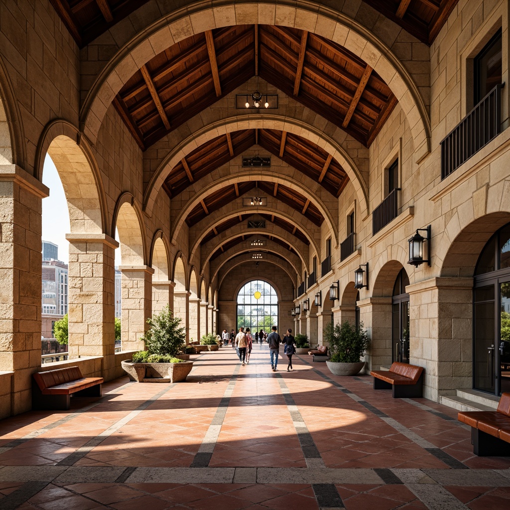 Prompt: \Majestic train station, Romanesque style, warm beige stone walls, ornate archways, intricate carvings, grand vaulted ceilings, rustic wooden beams, earthy red terracotta flooring, vintage metal lanterns, distressed leather benches, classic clock towers, sunny day, soft warm lighting, shallow depth of field, 1/2 composition, realistic textures, ambient occlusion.\