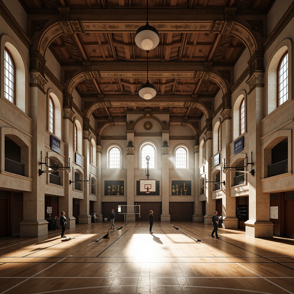 Prompt: Grand gymnasium, ornate columns, classical Renaissance details, arched windows, rustic stone walls, polished wooden floors, athletic equipment, basketball hoops, volleyball nets, sports banners, trophies displays, natural light pouring in, soft warm ambiance, 1/2 composition, symmetrical framing, shallow depth of field, realistic textures, ambient occlusion.