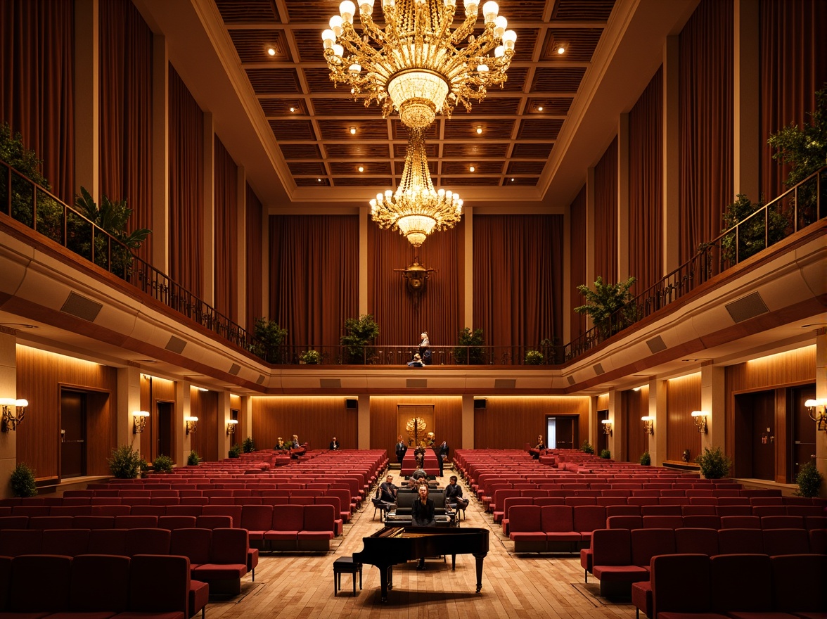 Prompt: Elegant concert hall, ornate chandeliers, plush red velvet seats, wooden acoustic panels, sound-absorbing materials, tiered seating, grand piano, spotlights, warm golden lighting, shallow depth of field, 1/2 composition, realistic textures, ambient occlusion, natural wood floors, intricate moldings, soft fabric drapes, reverberation control systems, adjustable acoustic elements, state-of-the-art sound equipment.