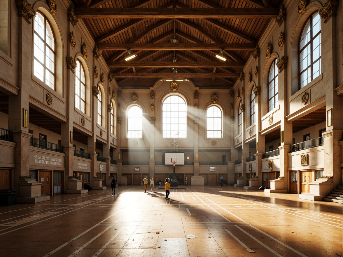 Prompt: Grandiose gymnasium, renaissance-inspired columns, ornate capitals, intricate carvings, polished marble floors, high ceilings, large windows, natural light pouring in, warm golden lighting, shallow depth of field, 1/1 composition, symmetrical architecture, imposing stone walls, decorative arches, vaulted roofs, classical motifs, athletic equipment, basketball hoops, tennis courts, running tracks, wooden bleachers, motivational quotes, inspirational murals, panoramic view, realistic textures, ambient occlusion.