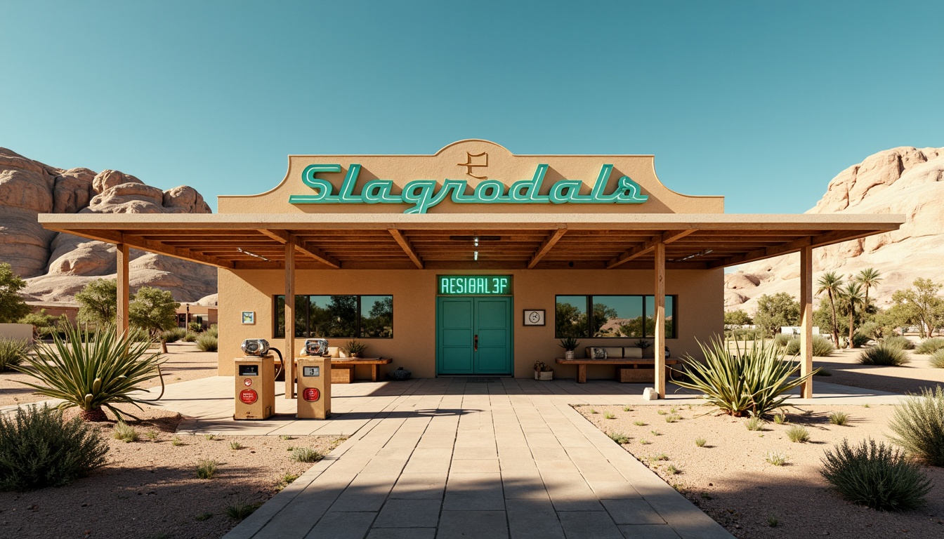 Prompt: Vibrant desert landscape, retro-futuristic gas station, neon-lit signage, bold typography, bright turquoise accents, warm beige walls, rusty metal canopies, terracotta tiles, Southwestern-inspired patterns, cactus plants, sandy dunes, clear blue sky, sunny day, dramatic shadows, high-contrast lighting, cinematic atmosphere, 3/4 composition, shallow depth of field, realistic textures, ambient occlusion.