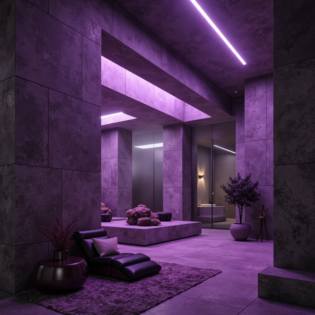 Prompt: Moody brutalist architecture, orchid-inspired color scheme, rich purple tones, deep grey concrete, rough stone textures, industrial metal accents, sleek glass surfaces, minimalist decor, dramatic lighting, atmospheric fog effects, low-angle photography, cinematic composition, high-contrast renderings.