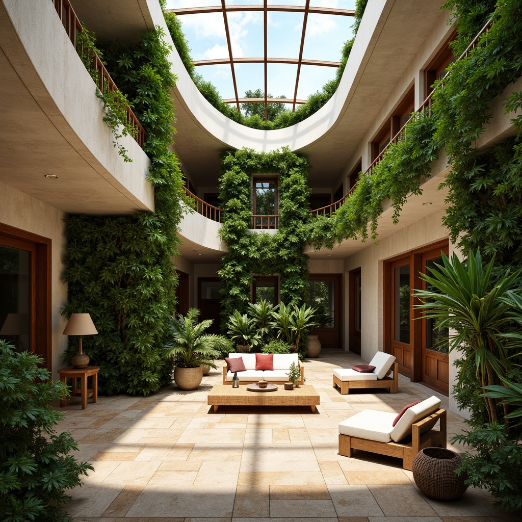 Prompt: Lush green walls, organic curves, natural stone floors, reclaimed wood accents, earthy color palette, abundant skylights, floor-to-ceiling windows, warm soft lighting, tropical plants, living walls, verdant roofs, rustic wooden furniture, woven textiles, rattan decor, cozy reading nooks, intimate ambiance, serene atmosphere, warm beige tones, cream-colored stucco, natural ventilation systems, passive solar design, eco-friendly materials, sustainable building practices, secluded courtyards, tranquil water features, shallow depth of field, 1/2 composition, realistic textures, ambient occlusion.