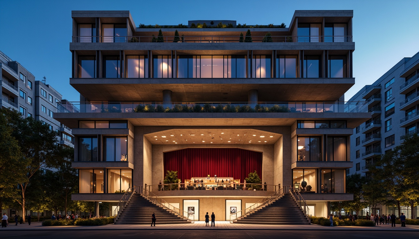 Prompt: Geometric opera house, brutalist fa\u00e7ade, industrial materials, exposed concrete, metal beams, cantilevered balconies, asymmetrical composition, bold color blocking, functional minimalism, rectangular windows, vertical emphasis, dynamic angular lines, futuristic lighting systems, dramatic spotlights, luxurious velvet curtains, ornate golden ornaments, grand staircase, open-plan interior, high ceilings, minimalist stage design, avant-garde performances, evening cityscape, urban skyline, bright moonlight, shallow depth of field, 2/3 composition, cinematic atmosphere.