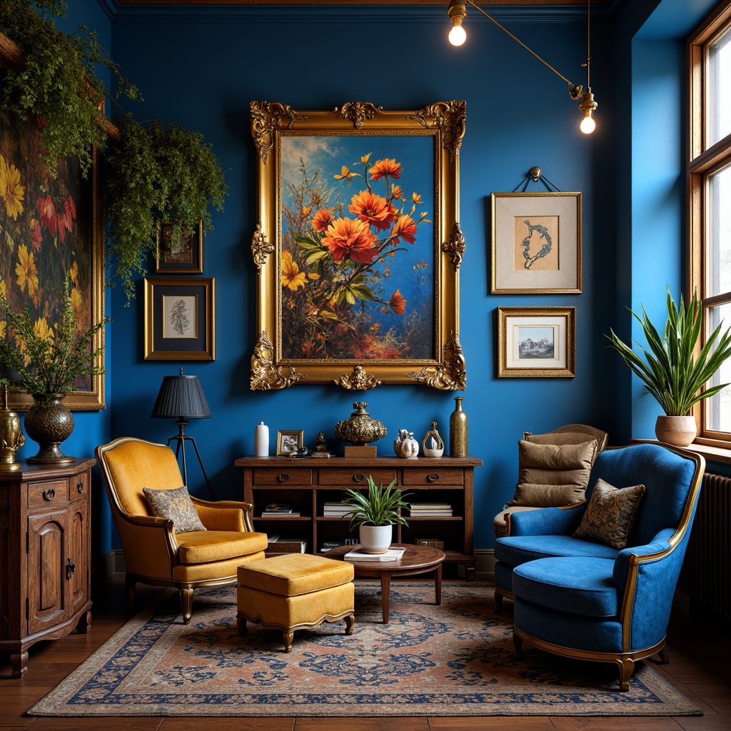 Prompt: Vibrant art studio, Prussian blue dominant color, warm golden lighting, rich textures, eclectic furniture, ornate frames, distressed wood accents, luxurious velvet fabrics, metallic gold leaf details, bold brushstrokes, expressive abstract artwork, dynamic composition, 1/2 format, shallow depth of field, soft focus effect.