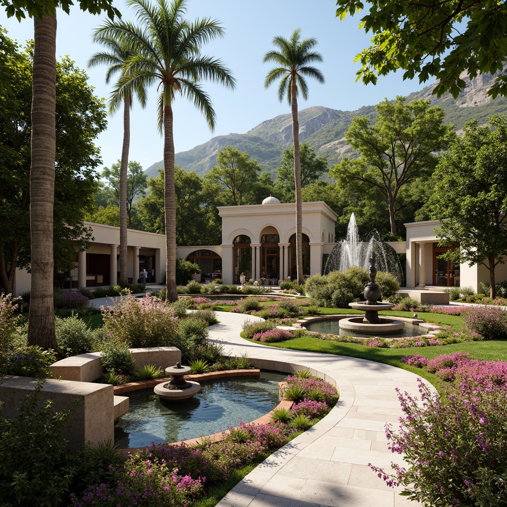 Prompt: Whimsical gardens, flowing curves, ornate ironwork, vibrant floral patterns, organic shapes, luxurious water features, meandering walkways, intricate stonework, ornamental fountains, lush greenery, colorful blooming flowers, majestic palm trees, sunny day, warm soft lighting, shallow depth of field, 3/4 composition, panoramic view, realistic textures, ambient occlusion.