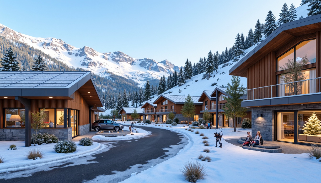 Prompt: Snow-capped mountains, modern ski resort, sleek metal facades, wooden accents, rustic stone walls, large windows, minimalist design, eco-friendly materials, sustainable energy solutions, solar panels, wind turbines, snowflake-inspired patterns, vibrant colorful textiles, intricate geometric motifs, warm cozy lighting, shallow depth of field, 3/4 composition, panoramic view, realistic textures, ambient occlusion.