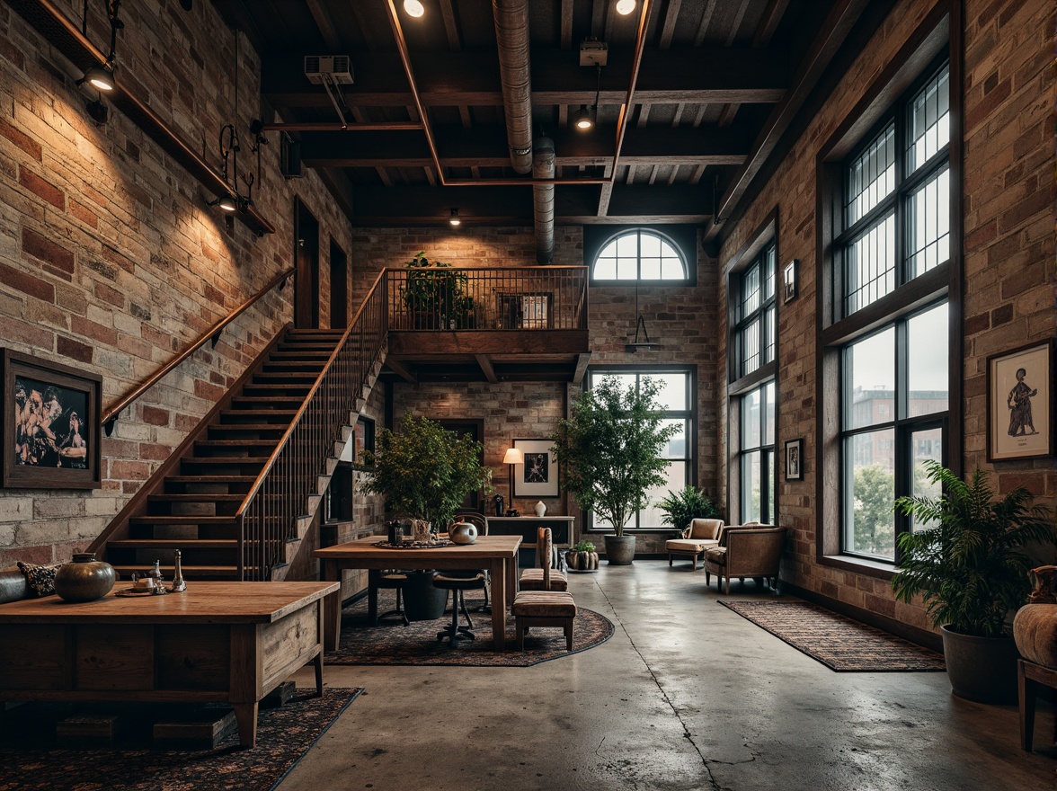 Prompt: Rustic industrial setting, exposed brick walls, metallic beams, reclaimed wood accents, distressed concrete floors, corrugated metal sheets, chain-link fences, urban cityscape, misty atmospheric lighting, shallow depth of field, 1/2 composition, gritty textures, high-contrast colors, avant-garde architecture, brutalist-inspired design, functional industrial materials, utilitarian aesthetic, mechanical equipment, copper piping, steel frames, reinforced glass windows.