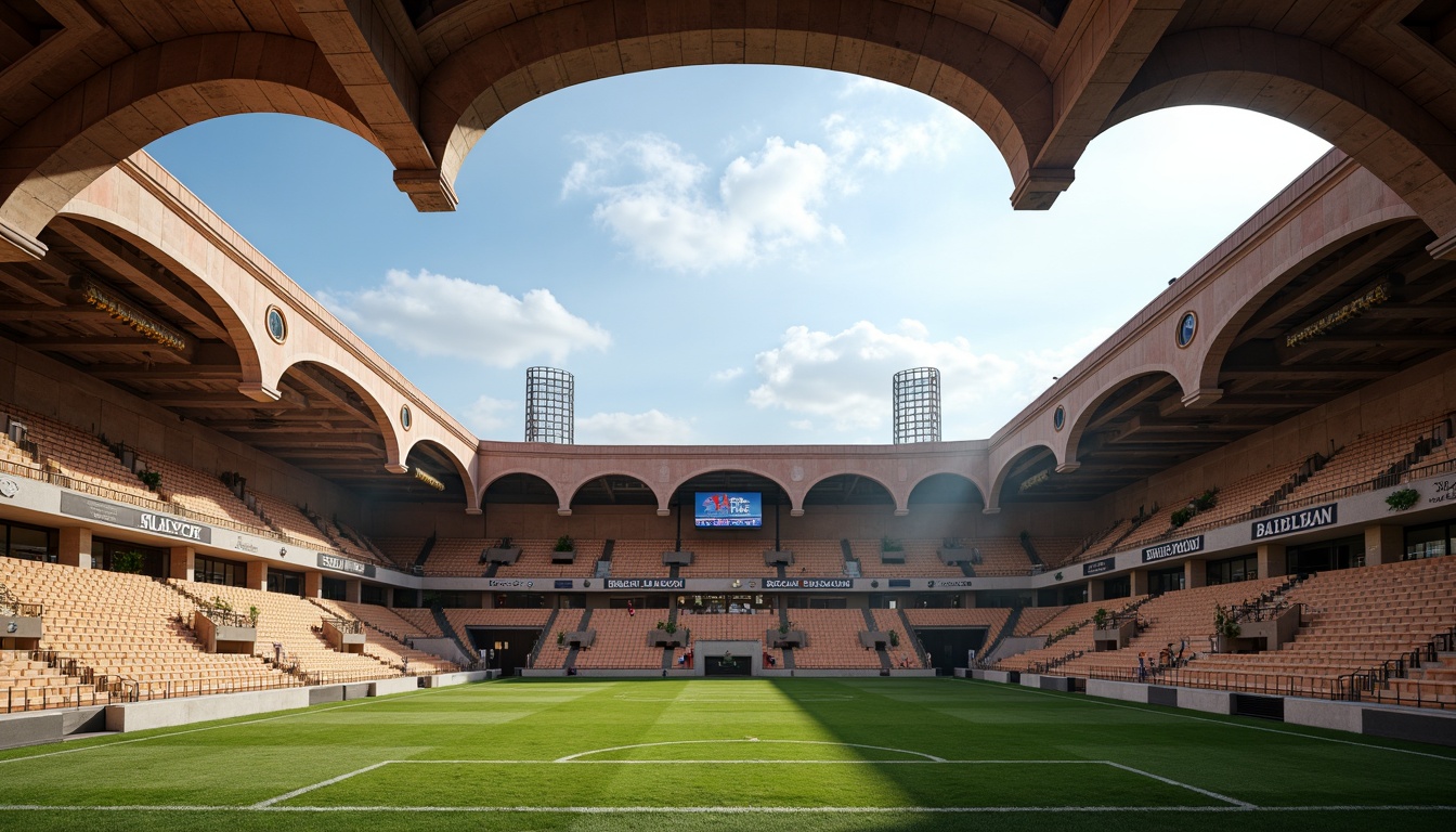 Prompt: Timeless soccer stadium, classical arches, marble columns, grandeur entrance, vintage scoreboards, green grass fields, white chalk lines, rustic stone walls, earthy terracotta tones, warm beige seats, rich wood accents, ornate metal details, golden lighting fixtures, dramatic floodlights, cloudy blue skies, natural sunlight, shallow depth of field, 1/1 composition, symmetrical framing, realistic textures, ambient occlusion.