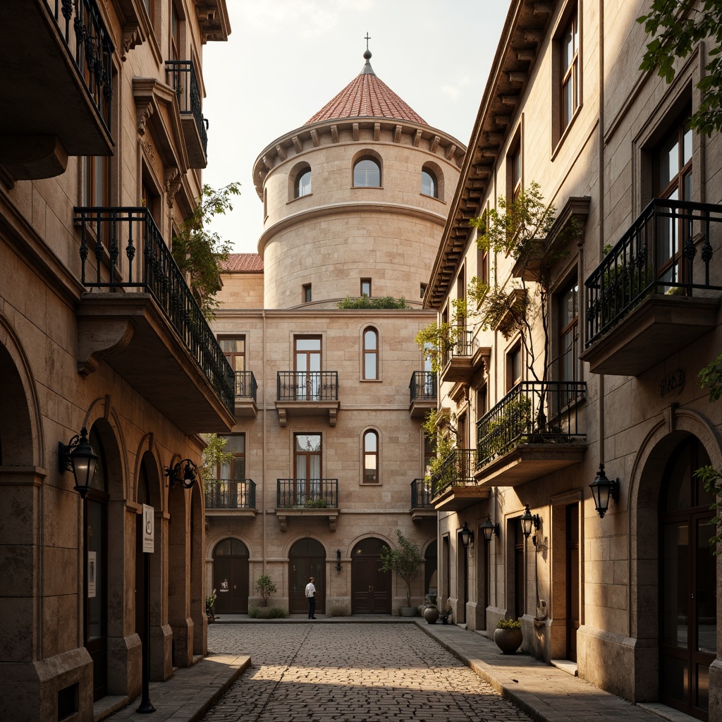 Prompt: Renaissance-style watchtower, stone walls, ornate balustrades, grand arches, intricate carvings, rusticated quoins, classical pilasters, symmetrical facades, majestic clock towers, ornamental turrets, terracotta rooftops, warm golden lighting, dramatic shadows, high-contrast textures, detailed stonework, realistic weathering effects, atmospheric perspective, 1/2 composition, cinematic view, subtle depth of field.