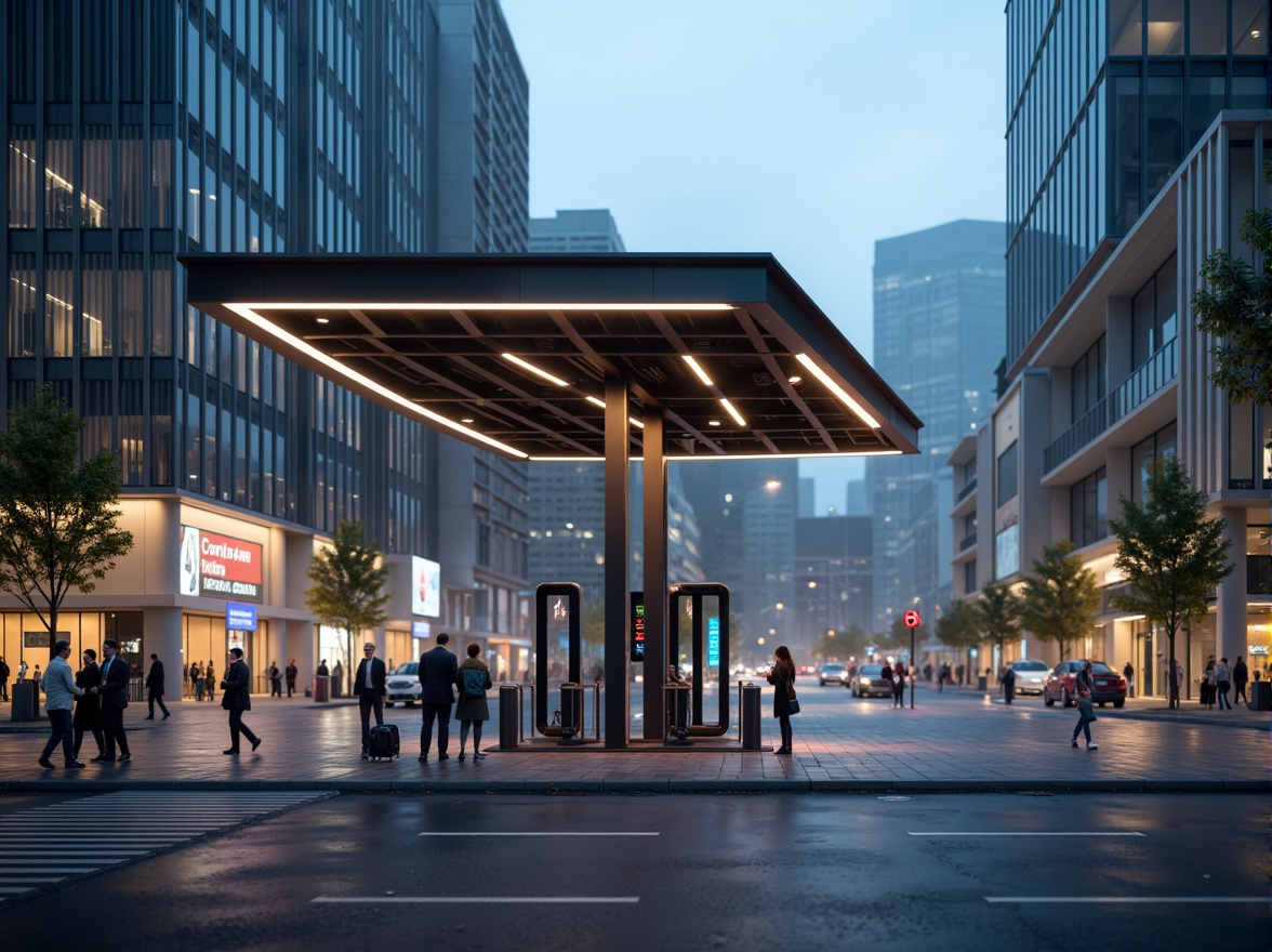 Prompt: Modern charging station, futuristic design, sleek metal canopies, LED lighting strips, minimalist columns, efficient energy transfer systems, urban cityscape, busy streets, high-rise buildings, neon lights, misty evening atmosphere, shallow depth of field, 1/1 composition, realistic metallic textures, ambient occlusion, soft warm glow.