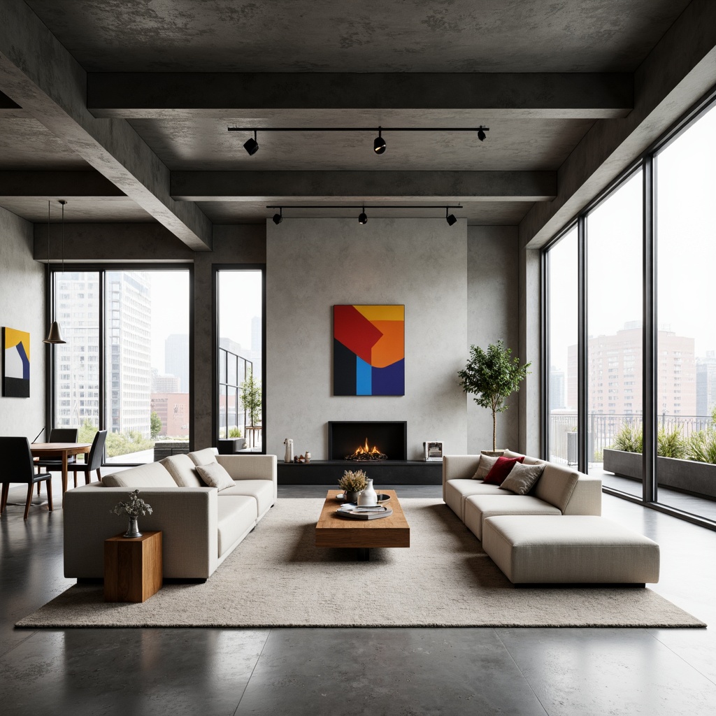 Prompt: Minimalist living room, industrial metal beams, polished concrete floors, functional furniture, geometric shapes, primary color accents, open floor plan, natural light pouring in, large windows, sliding glass doors, urban cityscape views, modern art pieces, sleek low-profile sofas, minimalist coffee tables, industrial metal lighting fixtures, adjustable track lights, abstract geometric patterns, clean lines, minimal ornamentation, functional simplicity, neutral color palette, abundant negative space.