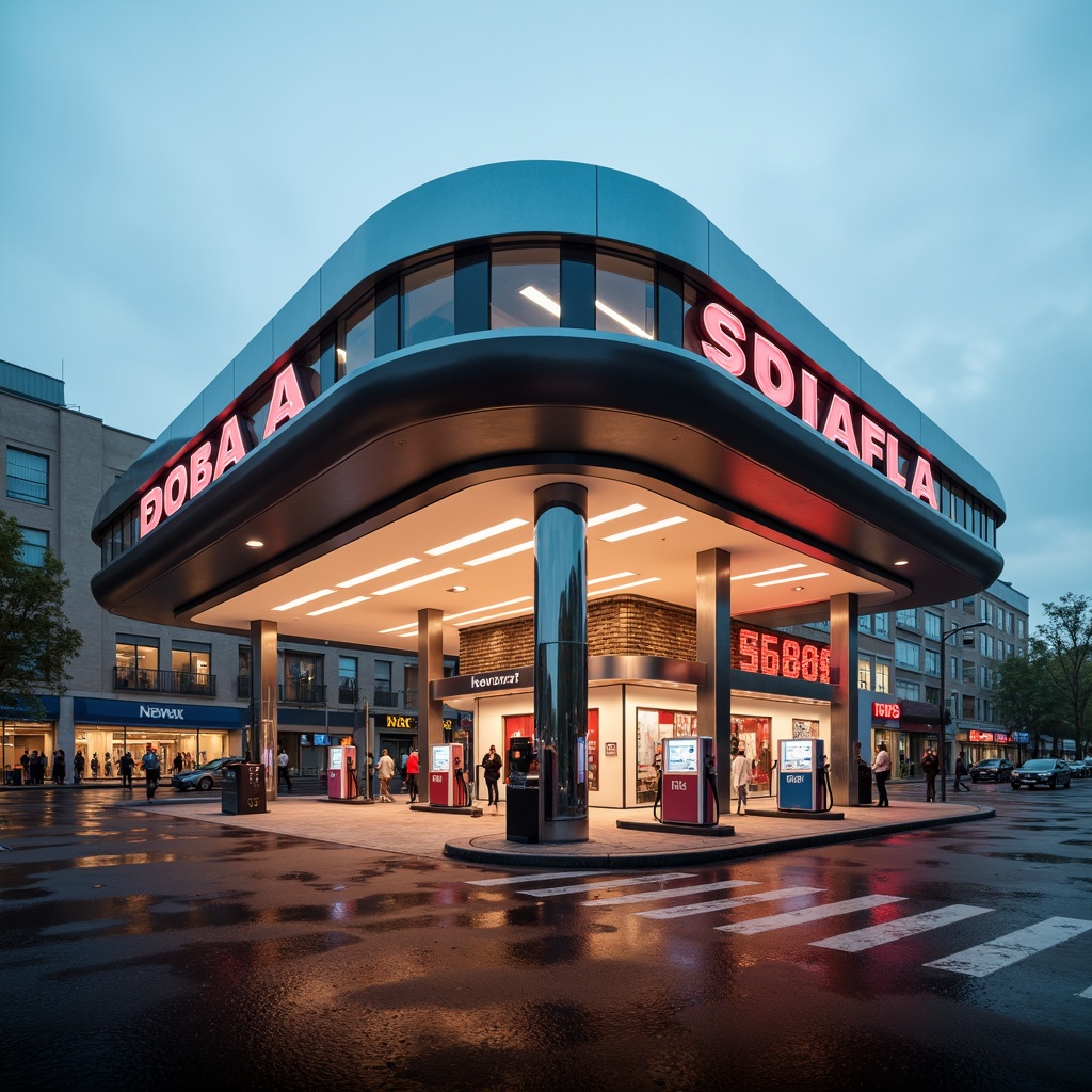 Prompt: Curved streamline moderne gas station, neon signage, bold typography, metallic finishes, retro-futuristic vibe, sleek lines, minimalist architecture, cantilevered canopies, circular columns, glass bricks, LED lighting, futuristic pumps, dynamic angles, urban landscape, busy streets, morning fog, soft warm glow, shallow depth of field, 1/2 composition, symmetrical framing.